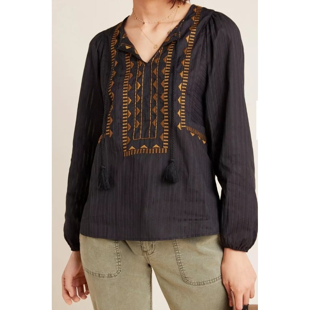 Dolan Black Gold Embroidered Tassel Peasant Blouse Top Medium Boho Striped